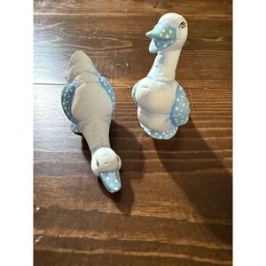 Vintage Ceramic Duck Figurines Set Pair, Blue‎ Polka Dot Goose Decor, Cute